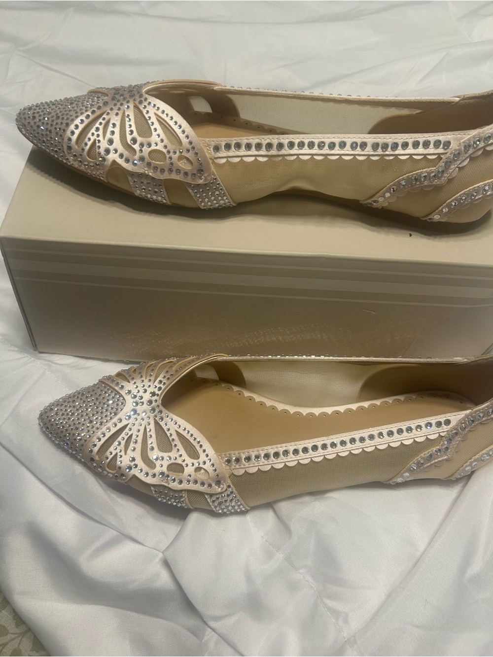 Crystal-Embellished Beige Pointed-Toe Mesh Flats